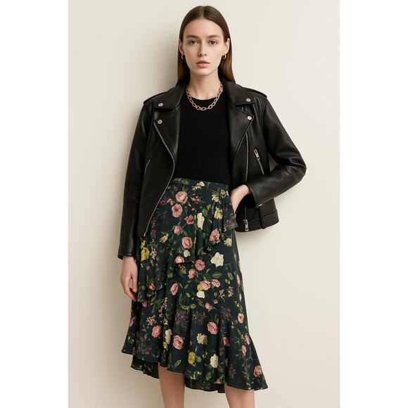 Eliza J Floral Ruffle Midi Skirt Green Pink Yellow Asymmetrical NWT Size 12 - Picture 1 of 9